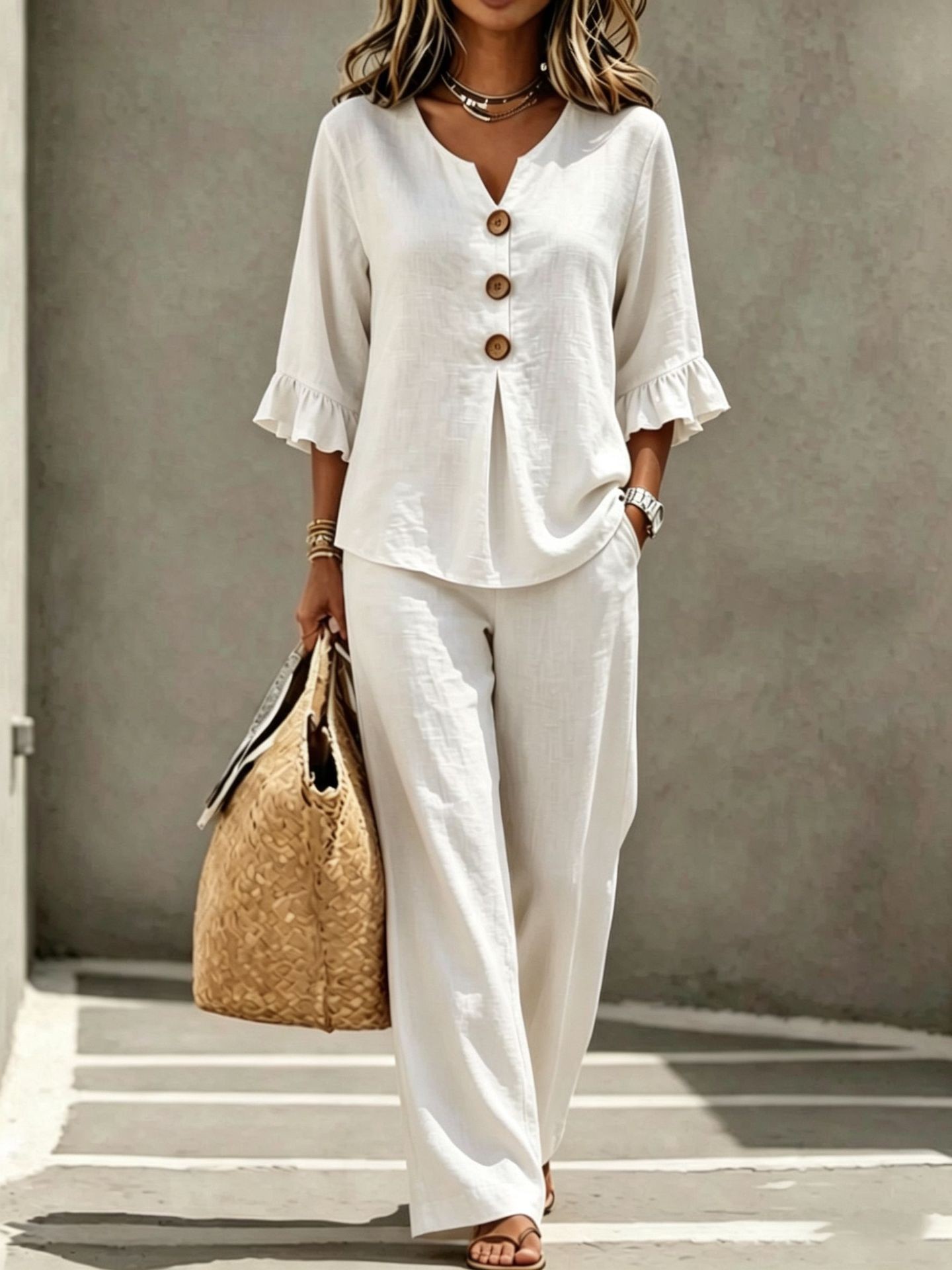 Linen Pant Wide - Conjunto de dos piezas para mujer,